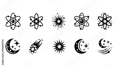 Vector Illustration of Mystic Science Elements with Atoms Comets and Moons