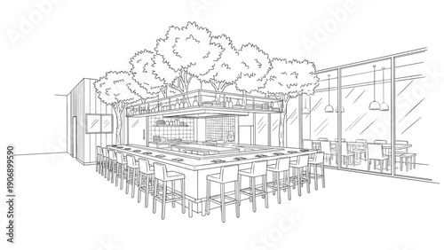 Modern café interior with trees and open seating design