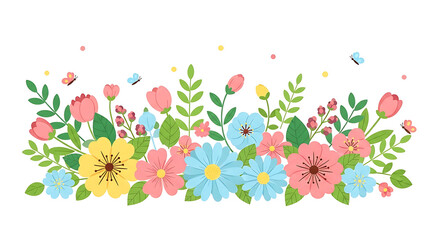 Colorful spring floral border illustration with blooming flowers, fresh green leaves, and cheerful butterflies