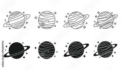 Simple Planet Saturn Sketches with Varying Ring Details and Celestial Twinkles