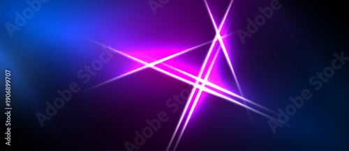 Abstract background features vibrant blue, purple hues. Bright pink lines intersect creating dynamic light effect. Dark borders frame composition.