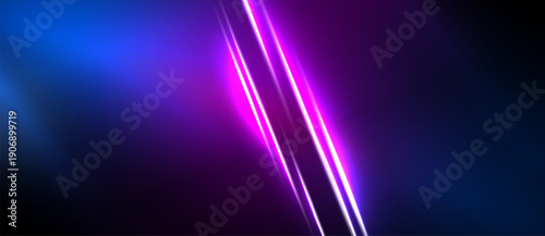 Abstract neon lights create vibrant diagonal streaks. Blue, purple, pink hues blend into darkness. Modern digital art composition.