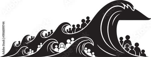 Black and white wave with people in silhouette style