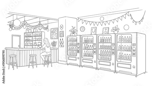 Cozy cafe interior with vending machines and decor in detailed line art style