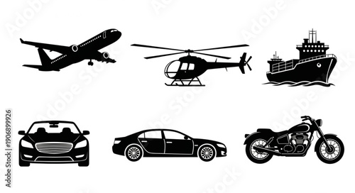 Collection of various transportation vehicles in silhouette.