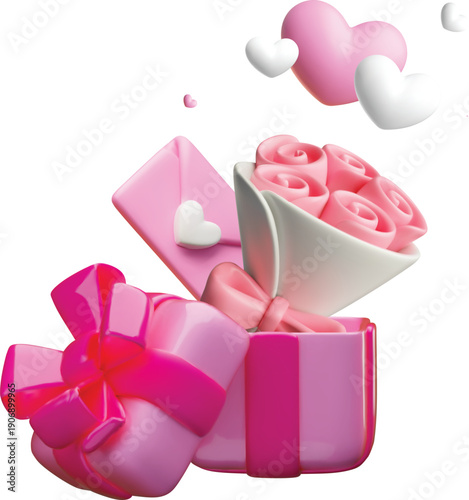 3D vector pink gift box with rose flowers bouquet and envelope, romantic event present, Valentine's Day gift with hearts