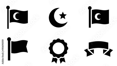 Silhouette icons of flags, moon and star, badge, and ribbon on white background