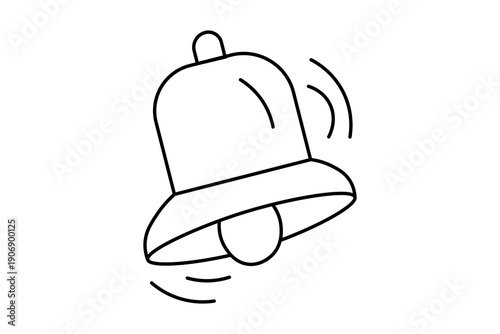 This image is a black and white line icon of a ringing bell. The bell is shown at a slight angle with curved motion lines on either side to indicate it is vibrating or making sound.