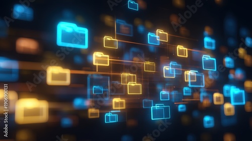 Abstract network grid with files and folders, futuristic software interface, digital document management system, store, search and organize documents, corporate business, paperless office	