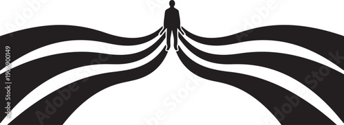 Man standing at crossroads with multiple path choices ahead