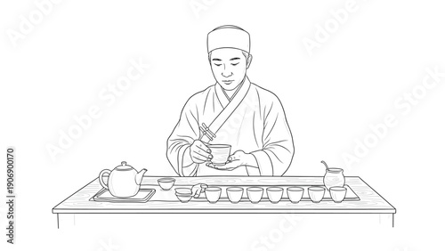 Linear art of traditional tea ceremony with monk preparing tea