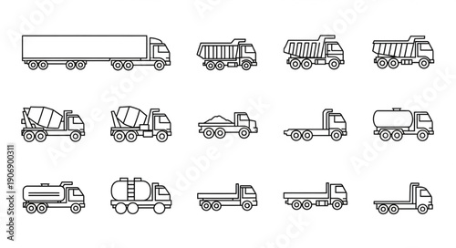 Collection of various truck illustrations in a simple line art style.