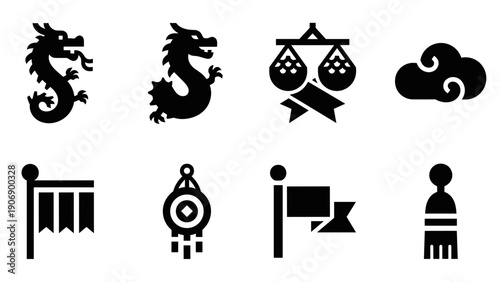 Set of asian cultural icons in bold silhouette style featuring dragon and symbols