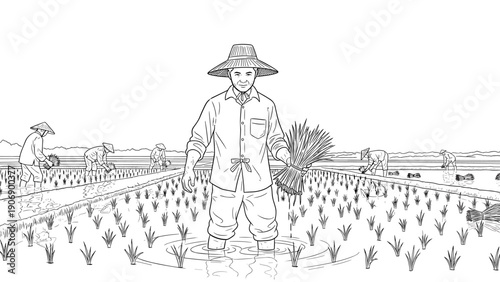 Rice farming scene with farmers in traditional hats and rice paddies in line art style