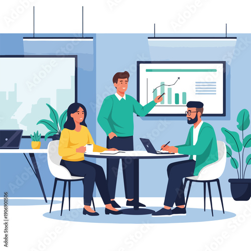 Illustration of a business meeting with individuals and a presentation