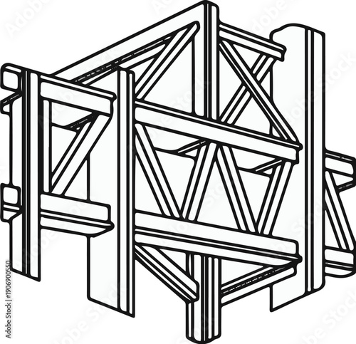 Isometric line drawing of a wooden truss structure