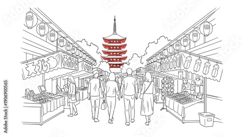 Traditional japanese street market with red pagoda and lanterns in linear style