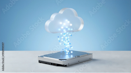 Wallpaper Mural Digital data cubes falling from glowing cloud onto external hard drive. Cloud storage transfer visualization. Data backup and computing technology concept for business IT solutions Torontodigital.ca