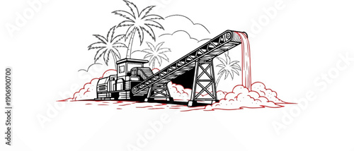 Industrial conveyor belt processing material amid palm trees and clouds
