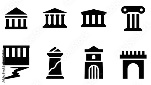 Minimalist silhouette icons of ancient greek and roman architecture