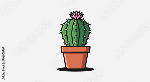 A vibrant green potted cactus with sharp, defined spines features a delicate pink flower blooming at its apex, standing upright in a terracotta pot against a clean, plain light gray background.