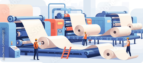 Industrial production line with workers handling large paper rolls and machinery