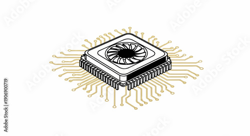 Isometric view of a computer processor chip with radiating golden circuit lines