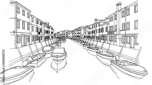 Linear sketch of a narrow canal lined with buildings and boats