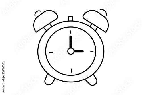 A line art illustration of a classic twin-bell alarm clock showing the time at approximately 3:00.
