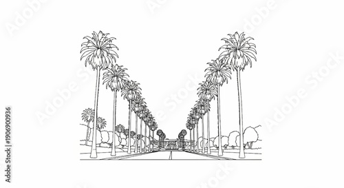 Lined drawing of a grand estate entrance with palm trees and building