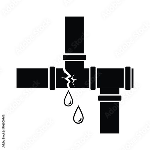 Broken Pipe Leak Icon with Water Drips Burst Pipe 