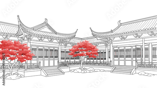 Intricate linear drawing of traditional asian architecture with red trees