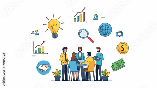 Illustration of a business team discussing ideas and growth strategies