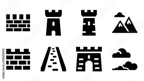 Medieval fortress icons set: castle silhouette collection with mountains and clouds