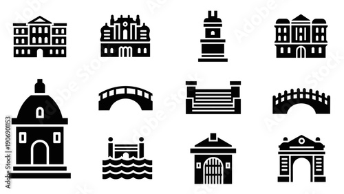 Icon set of historic european architecture silhouettes including bridges and monuments