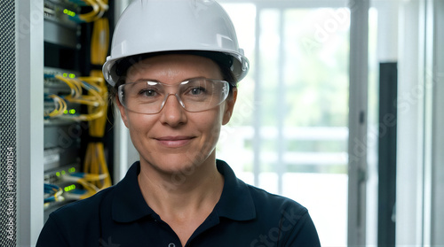 Wallpaper Mural Woman in white hard hat and clear safety glasses smiling in data center. Female network engineer closeup portrait. IT infrastructure maintenance and digital technology professional concept for tech Torontodigital.ca