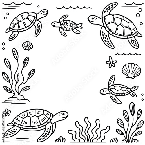 Black and white illustration of sea turtles swimming in ocean with seaweed and shells