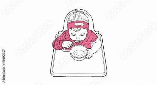 Injured baby eating from a bowl in a high chair