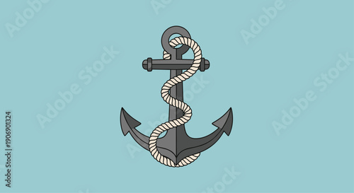 A sturdy gray metallic boat anchor is prominently displayed against a smooth light blue background, intricately entwined with a thick white twisted rope.