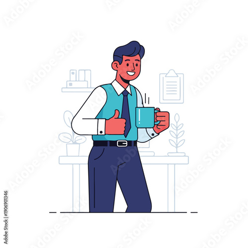 Illustration of a businessman enjoying coffee with a thumbs-up