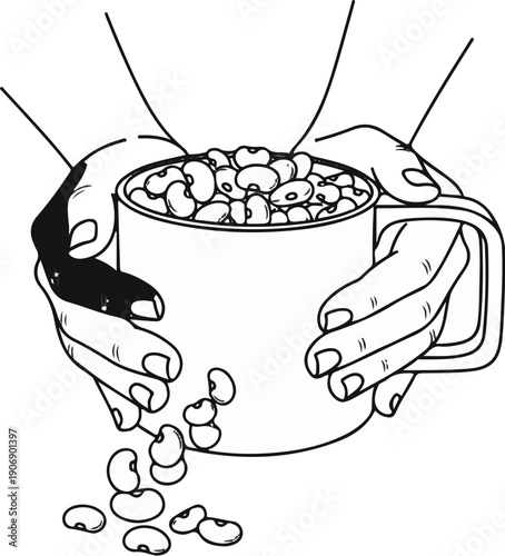 Hands hold a mug overflowing with beans, some spilling out