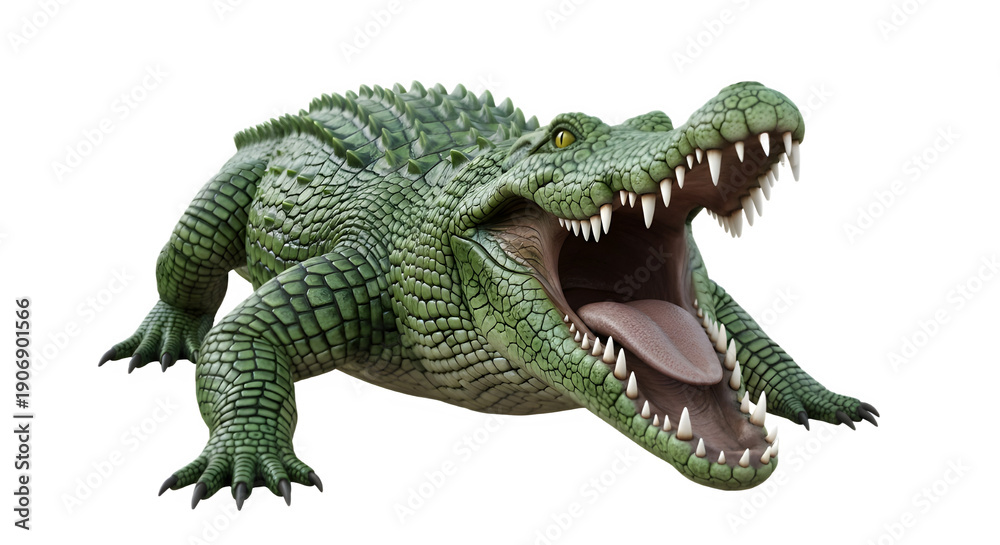 Naklejka premium Green alligator or crocodile with open mouth and sharp teeth, aggressive reptile, isolated on white
