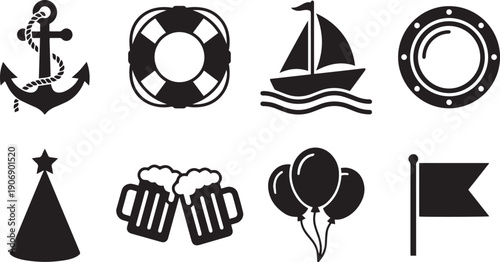 Vector set of sailing ships icons and travel symbols collection featuring black silhouette design for summer holiday web art illustration