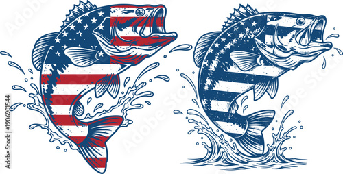Jumping Bass Fish with American Flag Pattern Patriotic Fishing Line Art Vector Illustration Set for Tshirt Sticker Print