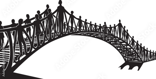 Silhouette of people walking on a bridge together in unity