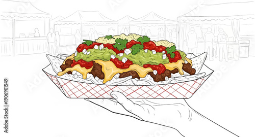 Hand holding a loaded plate of nachos at an outdoor market with vendor stalls