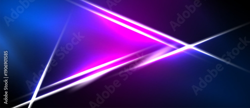 Abstract background features bright neon lines crossing dark space. Vivid blue, purple hues create dynamic visual effect.