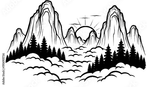 Ink brush painting of a mountainous landscape with a sunrise and mist