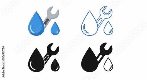 Four icons wrench and water drop, one color, outline, and solid black