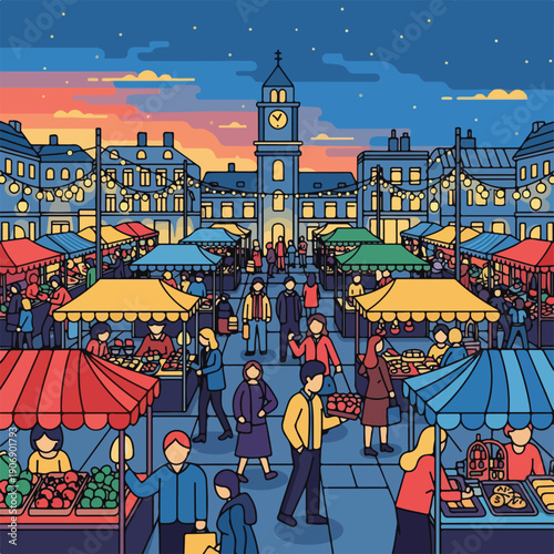 Illustration of a bustling nighttime market under a starry sky